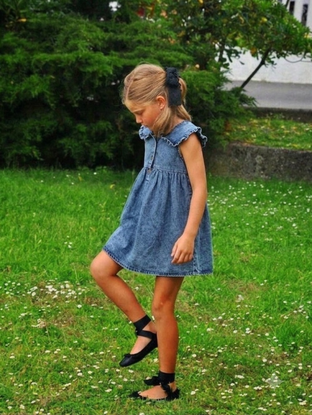100% COTTON Girls denim dress with collar